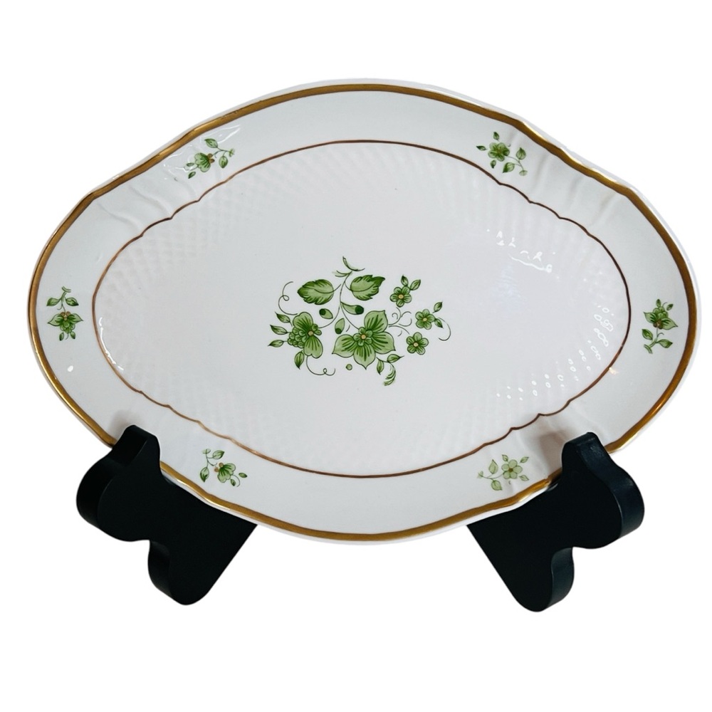Vintage Pannonia by Hollohaza Hungary Basketweave Green Floral Gravy Boat Saucer